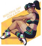  1girl artist_name black_hair black_socks black_sports_bra border breasts brown_eyes commentary dark-skinned_female dark_skin dolphin_shorts english_text full_body grin headband highres looking_at_viewer medium_breasts multicolored_hair muscular muscular_female on_floor original ponytail revision shoes shorts sitting smile sneakers socks solo sports_bra sportswear sweat symbol-only_commentary tan tanlines the_jieb white_border white_headband white_sneakers yeet-chan_(the_jieb) 