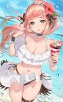  1girl bikini black_bikini_bottom blue_eyes blue_sky breasts choker cleavage day dutch_angle felicia_(fire_emblem) fire_emblem fire_emblem_fates flower food hair_flower hair_ornament haru_(nakajou-28) highres holding holding_spoon ice_cream long_hair looking_at_viewer maid_headdress medium_breasts midriff navel ocean open_mouth outdoors pink_hair ponytail side-tie_bikini_bottom sky smile solo spoon swimsuit thigh_strap water_drop 