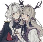  :d animal_ears antlers arknights arm_around_waist ascot black_ascot black_cape black_gloves black_jacket black_neckerchief black_vest blue_eyes blush cape character_request closed_mouth deer_ears eye_contact gloves grey_eyes hair_between_eyes hair_intakes holding_hands horns jacket long_hair looking_at_another neckerchief one_eye_closed open_mouth red_cape shirt sidelocks simple_background smile talulah_(arknights) two-sided_cape two-sided_fabric upper_body vest white_background white_hair white_shirt yuri zeiniku_(o0o_niku) 