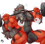 anthro balls barbell big_pecs bodily_fluids disembodied_hand dripping exercise fluffy fluffy_tail fur generation_8_pokemon genital_fluids genitals grey_body grey_fur hi_res hisuian_arcanine hisuian_form humanoid_genitalia humanoid_penis mal_lock male muscular muscular_anthro nintendo nipple_fetish nipple_grab nipple_pinch nipple_play nude open_mouth orange_body orange_fur pecs penis pinch pokemon pokemon_(species) precum precum_drip regional_form_(pokemon) simple_background solo tail thick_penis tongue tongue_out weightlifting white_background workout