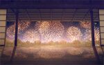  aerial_fireworks architecture east_asian_architecture field fireworks flower flower_field highres hoshino_mizuki_(hoshino_263f) indoors light_particles night night_sky no_humans original pillar reflective_floor scenery sky sunflower sunflower_field veranda wooden_floor 