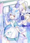  2girls :d absurdres apron bed blue_dress blue_hair clipboard closed_mouth collared_dress commentary_request dress feathered_wings genshin_impact gloves hair_between_eyes hand_up hat highres holding holding_syringe intravenous_drip iv_stand long_hair looking_at_viewer low_twintails low_wings multiple_girls nurse nurse_cap nyori ofuda on_bed puffy_short_sleeves puffy_sleeves purple_eyes purple_hair qiqi_(genshin_impact) red_eyes short_sleeves sigewinne_(genshin_impact) smile syringe twintails very_long_hair white_apron white_gloves white_hat white_wings wings 