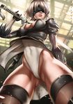  ass_visible_through_thighs black_dress blindfold breasts cameltoe cleavage dandon_fuga dress dress_lift from_below highleg highleg_leotard large_breasts leotard leotard_under_clothes mole mole_under_mouth nier_(series) nier_automata silver_hair solo sword thighhighs weapon white_leotard wind wind_lift yorha_no._2_type_b 