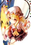  1girl absurdres ascot blonde_hair crystal_wings dress flandre_scarlet frilled_dress frills from_above full_body hand_up hat hat_ribbon highres mister_eru puffy_short_sleeves puffy_sleeves red_dress red_eyes red_ribbon ribbon short_sleeves side_ponytail smile solo touhou white_mob_cap yellow_ascot 