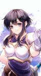  1girl absurdres arm_behind_back armor belt black_hair breastplate creyton earrings fire_emblem fire_emblem:_genealogy_of_the_holy_war glass gloves highres jewelry knocking larcei_(fire_emblem) looking_at_viewer purple_tunic sheath sheathed shoulder_armor sidelocks simple_background smile solo sword tunic weapon 