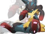 2015 3_fingers 3_toes anthro artist_name black_body blue_body feet fingers fur generation_6_pokemon japanese_text kemono looking_down mega_evolution mega_lucario narrowed_eyes nintendo orange_eyes pawpads pink_pawpads pokemon pokemon_(species) ragujuka red_body simple_background sitting snout solo spikes spread_legs spreading text toes white_background yellow_body yellow_fur