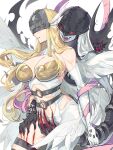  2girls angel_and_devil angel_wings angewomon armor black_bodysuit blonde_hair blood blush bodysuit breastplate breasts claws cleavage clothing_cutout colored_skin covered_eyes cowboy_shot demon_girl digimon digimon_(creature) fangs feathered_wings grabbing grabbing_from_behind grey_skin helmet helmet_over_eyes highres holding_another&#039;s_wrist injury ladydevimon large_breasts long_hair multiple_girls navel o-ring open_mouth pink_ribbon red_eyes ribbon stitches stomach_cutout teeth torn_bodysuit torn_clothes white_background white_wings wings yuri zocehuy 