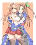  2girls arm_warmers ass bare_shoulders blush breasts brown_hair choker choujigen_game_neptune coat compa compile_heart female gluteal_fold green_eyes hair_bow hairband hug idea_factory if_(choujigen_game_neptune) large_breasts long_hair looking_at_viewer multiple_girls neptune_(series) olly pink_eyes pink_hair ribbed_sweater shiny shiny_hair sideboob skirt smile thighhighs yuri 