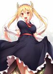  blonde_hair bouncing_breasts breasts dragon_girl dragon_tail frills gradient_hair horns kobayashi-san_chi_no_maidragon large_breasts long_hair looking_at_viewer maid maid_headdress motion_blur multicolored_hair necktie open_mouth orange_hair puffy_short_sleeves puffy_sleeves red_eyes short_sleeves slit_pupils smile solo tail taut_clothes tooru_(maidragon) twintails very_long_hair yomono 