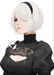  1girl 2b_(nier:automata) black_hairband blue_eyes breasts cleavage cleavage_cutout closed_mouth clothing_cutout commentary english_commentary eyebrows_hidden_by_hair hair_over_one_eye hairband juliet_sleeves lips long_sleeves medium_breasts mole mole_under_mouth nier:automata nier_(series) puffy_sleeves sasoura short_hair solo turtleneck unfinished white_hair 