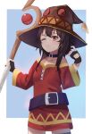  1girl absurdres black_gloves brown_hair button_eyes buttons collar dress fingerless_gloves gloves hat highres holding holding_staff kono_subarashii_sekai_ni_shukufuku_wo! mage_staff megumin nanado27_7 off-shoulder_dress off_shoulder one_eye_closed red_dress red_eyes short_hair_with_long_locks single_thighhigh solo staff thighhighs witch_hat 