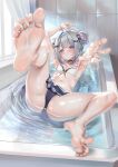  1girl absurdres amane_kanata amane_kanata_(7th_costume) angel angel_wings bare_legs barefoot bath bathing bathtub breasts feet feet_up highres hololive jagoo legs_up navel official_alternate_costume panties see-through small_breasts soles stomach swimsuit thighs toes underwear upao_(amane_kanata) virtual_youtuber water wet wet_clothes wet_hair wet_panties white_hair wings 