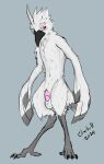 albino anthro asian_mythology avian balls beak bird charbold digital_media_(artwork) east_asian_mythology feathers flaccid genitals hi_res humanoid japanese_mythology male mythology nude penis red_eyes simple_background solo tail tengu white_body white_feathers yokai