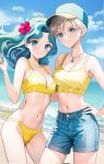  2girls aqua_eyes aqua_hair baseball_cap bikini bishoujo_senshi_sailor_moon blonde_hair blue_eyes blue_shorts crop_top denim denim_shorts flower hair_flower hair_ornament hat hibiscus highres jewelry kaiou_michiru koharumichi long_hair midriff multiple_girls navel necklace short_hair shorts smile swimsuit ten&#039;ou_haruka thighs very_short_hair yellow_bikini 