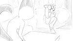 animal_crossing anthro blush breasts clothed clothing dialogue_in_description domestic_cat dragonweirdo duo felid feline felis furniture greyscale hi_res mammal marshal_(animal_crossing) monochrome nintendo nude olivia_(animal_crossing) one_eye_obstructed rodent sciurid sofa surprise table tree_squirrel undressing