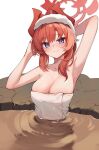  1girl absurdres arm_up armpits blue_archive blue_eyes blush breasts cleavage collarbone demon_horns halo highres horns large_breasts looking_at_viewer megu_(blue_archive) naked_towel onsen pointy_ears presenting_armpit red_hair refraction smile solo towel ziro_(zirorong) 