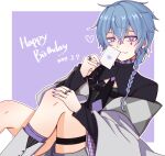  1boy absurdres black_shirt blue_hair braid bright_pupils card closed_mouth commentary_request cross cross_earrings crossed_bangs dated diamond_facial_mark earrings feet_out_of_frame grey_jacket grey_shorts hair_between_eyes happy_birthday heart highres holding holding_card jacket jacket_partially_removed jewelry kazamine_(lenkontips) long_bangs long_hair looking_at_viewer mahjong_soul male_focus multiple_rings necktie playing_card purple_eyes purple_necktie ring ryan_(mahjong_soul) shirt shorts side_braid single_braid smile solo two-tone_necktie white_pupils 