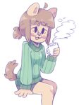 2018 4_fingers :3 anthro bangs beverage black_bottomwear black_clothing black_nose black_shorts bottomwear brown_hair canid canine canis clothing colored domestic_dog dot_eyes eyebrows female fingers fur graskip green_clothing green_sweater green_topwear hair hand_on_ground happy hi_res holding_mug holding_object hot_beverage mammal mug open_mouth ponytail red_cheeks shaded shorts simple_background sitting solo sweater tail tan_body tan_fur tied_hair topwear white_background
