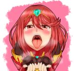  1girl blush breath core_crystal_(xenoblade) cupping_hands fingerless_gloves from_above gloves looking_at_viewer mouth_focus open_mouth oral_invitation own_hands_together pyra_(xenoblade) red_eyes red_hair saliva saliva_trail samu_poteto short_hair solo swept_bangs teeth tiara tongue tongue_out two-tone_background uvula xenoblade_chronicles_(series) xenoblade_chronicles_2 