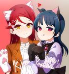  2girls animal_ears blue_hair cat_ears character_name long_hair love_live! love_live!_sunshine!! multiple_girls nekomimi red_eyes red_hair sakurauchi_riko sellel tongue_out tsushima_yoshiko yellow_eyes 