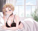  1girl bed_sheet black_bra black_choker blonde_hair blue_nails bra breasts chinoa choker cleavage commission curtains earrings highres honkai:_star_rail honkai_(series) indoors jewelry lace lace_bra large_breasts nail_polish short_hair siobhan_(honkai:_star_rail) solo topless underwear window 