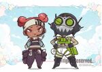  1boy 1girl animification apex_legends aviator_cap black_gloves black_pants blue_gloves cable cathy_(cassie0720) chibi double_bun earpiece eyeshadow freckles gloves goggles green_vest grey_headband grey_tank_top hair_behind_ear hair_bun headband lifeline_(apex_legends) looking_up makeup mask mechanical_legs mouth_mask octane_(apex_legends) pants red_eyeshadow red_hair shorts smile smoke tank_top vest watermark web_address white_shorts 