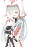  :d ^_^ animal animal_hat bell bell_choker blue_hair blush choker closed_eyes fang happy hat highres hug inuyama_(oshiro_project) japanese_clothes jingle_bell long_hair niwaka_potato open_mouth oshiro_project simple_background smile very_long_hair white_background white_hat 