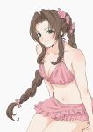  1girl aerith_gainsborough aerith_gainsborough_(pink_mermaid) bare_shoulders bikini bikini_skirt braid braided_ponytail breasts brown_hair cleavage collarbone cowboy_shot final_fantasy final_fantasy_vii final_fantasy_vii_rebirth final_fantasy_vii_remake flower green_eyes hair_flower hair_ornament highres long_hair medium_breasts midriff navel official_alternate_costume parted_bangs pink_bikini pink_flower pink_skirt pulupulupoodle sidelocks single_braid skirt smile solo swimsuit white_background 