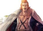  1boy abs bare_pectorals black_jacket chest_tattoo closed_eyes coat coat_on_shoulders collarbone facing_viewer fur-trimmed_jacket fur_trim happy highres jacket long_sideburns male_focus muscular muscular_male one_piece open_clothes open_jacket open_mouth orange_hair pectorals scar scar_on_chin scar_on_face shiso_i4 short_hair sideburns solo tattoo upper_body white_background white_coat x_drake 