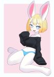 2024 4_toes anthro barefoot blonde_hair blue_eyes blush border bottomless bottomless_anthro bottomless_female breasts clothed clothing cute_fangs digital_media_(artwork) feet female female_anthro fur hair hi_res kemono lagomorph leporid long_ears looking_at_viewer mammal navel off_shoulder open_mouth open_smile panties paws pink_background rabbit simple_background sitting smile smiling_at_viewer solo toes tongue underwear unousaya wariza white_body white_border white_fur