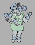 anthro blue_hair bow_ribbon canid canine canis clothed clothing collar curled_hair deidad_dissitum domestic_dog dress_shirt female greeting_viewer hair leire looking_at_viewer mammal pale_fur poodle shirt simple_background smile topwear