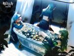  3girls animal_ears arknights bathtub black_hair blue_eyes blue_poison_(arknights) dobermann_(arknights) gavial_(arknights) green_hair hood hooded_jacket jacket llc long_hair multiple_girls official_art pink_hair plant 