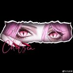  1girl character_name chinese_commentary commentary countess_chelsea_(path_to_nowhere) eye_focus eyeliner fingernails hair_between_eyes highres looking_at_viewer makeup nail_polish path_to_nowhere pink_eyeliner pink_eyes pink_hair red_nails sharp_fingernails slit_pupils solo weibo_logo weibo_watermark yu_zhezhe 