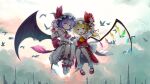 2girls ascot bat_wings bird cloud cloudy_sky crystal_wings dress flandre_scarlet flying frilled_dress frills hat hat_ribbon mary_janes multiple_girls open_mouth outdoors purple_hair red_eyes red_ribbon remilia_scarlet ribbon satyuas shoes short_hair siblings sky socks touhou twins waving_hands white_mob_cap wings wrist_cuffs yellow_ascot 