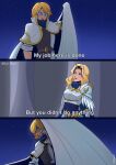  1boy 1girl absurdres armor blonde_hair blue_eyes cape d: english_text eye_mask ezreal green_eyes highres league_of_legends long_hair lux_(league_of_legends) meme night outdoors short_hair short_sleeves shoulder_plates slye_(le_slye) subtitled upper_body white_cape 