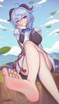  1girl absurdres ahoge bare_legs bare_shoulders barefoot blue_hair blue_sky breasts cloud commentary crossed_legs day detached_sleeves foot_out_of_frame ganyu_(genshin_impact) genshin_impact grin hand_up highres horns large_breasts leaf long_hair long_sleeves looking_at_viewer miniskirt purple_eyes sitting skirt sky smile solo thighs white_skirt xiumu_bianzhou 