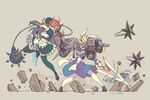  ball_and_chain battle blonde_hair blue_eyes breasts cleavage demon_horns dual_wielding duel fin_funnels flat_color full_body green_legwear grey_background ground_shatter hair_ribbon holding horns jumping long_hair maid mecha_musume medium_breasts multiple_girls orange_hair original pas_(paxiti) reverse_grip ribbon sword thighhighs thrusters weapon white_legwear work_in_progress 