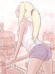  alternate_costume alternate_hairstyle ass blonde_hair blush casual dark_skin from_behind gravity_daze gravity_daze_2 highres kitten_(gravity_daze) monochrome_background oxp_(okipuu) ponytail railing short_shorts shorts solo tank_top wedgie 