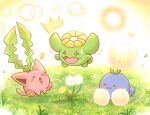  :3 blowing blush_stickers bright_pupils closed_eyes closed_mouth dandelion dandelion_seed evolutionary_line flower full_body happy hoppip jumpluff musical_note no_humans on_grass open_mouth outdoors pokemon pokemon_(creature) red_eyes shuri_(syurigame) skiploom surprised sweatdrop white_pupils 