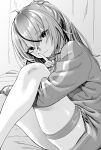  1girl absurdres blush finger_to_mouth greyscale hair_between_eyes highres hugging_own_legs long_hair looking_at_viewer monochrome multicolored_hair original shushing skindentation solo streaked_hair sweater thigh_strap two-tone_hair unthuku 