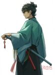  1boy black_hair black_hakama blue_kimono dated fate/samurai_remnant fate_(series) fon-due_(fonfon) hakama japanese_clothes katana kimono miyamoto_iori_(fate) profile sheath sheathed simple_background solo sword topknot weapon white_background 