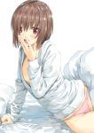  1girl arm_support bangs blanket blush body_mahattaya_ginga breasts brown_hair commentary_request eyebrows_visible_through_hair futon indoors long_sleeves looking_at_viewer open_mouth original pajamas panties pillow pink_panties red_eyes shirt short_hair sitting small_breasts solo underwear waking_up white_shirt yokozuwari 