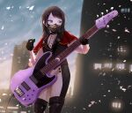  1girl bang_dream! bang_dream!_it&#039;s_mygo!!!!! bass_guitar black_gloves black_hair black_mask black_pants black_shirt blue_eyes broken_glass building capelet commentary_request cowboy_shot fukumaru1021 glass gloves guitar highres holding holding_guitar holding_instrument holding_plectrum instrument long_hair long_sleeves mask mouth_mask outdoors pants plectrum red_capelet shirt solo two-tone_pants white_pants yahata_umiri 