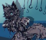  2020 ambiguous_gender anthro black_body black_fur black_goo black_tail canid canine canis changed_(video_game) exepresso fur goo_creature goo_dripping hook lin_(changed) mammal shadow solo tail transformation wolf 