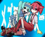  2girls apron back_bow black_eyes black_footwear black_necktie blue_background blue_dress blue_hair bow dress empty_eyes hatsune_miku highres joha_302 kasane_teto long_hair mesmerizer_(vocaloid) multiple_girls necktie open_mouth pants pink_eyes pink_hair pink_pants puffy_short_sleeves puffy_sleeves roller_skates sharp_teeth shirt short_sleeves sitting skates smile socks striped_clothes striped_shirt teeth twintails utau very_long_hair vocaloid white_apron white_bow white_socks 