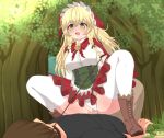  1boy 1girl bell black_shirt blonde_hair blush bonnet boots bow braid breasts brown_footwear brown_hair brown_pants cape censored clothed_sex collared_shirt corset cowgirl_position crossed_bangs cum cum_in_pussy cum_overflow day eliisa_(mahjong_soul) femdom forest fujigaya_arctia full_body girl_on_top grass green_bow green_corset green_eyes hair_between_eyes hair_bow hat heart heart-shaped_pupils hetero highres holding holding_leash large_breasts leash long_hair mahjong_soul medium_bangs mosaic_censoring nature neck_bell open_mouth outdoors panties pants penis pussy rape red_cape red_hat red_skirt sex shirt sidelocks skirt smile solo_focus straddling symbol-shaped_pupils textless_version thighhighs tree twin_braids underwear vaginal variant_set white_panties white_shirt white_thighhighs 