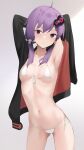 1girl absurdres ahoge arms_up bikini blush breasts cowboy_shot expressionless hair_ornament highres jacket looking_at_viewer micro_bikini navel open_clothes open_jacket parted_lips penguin_(dx19291005) purple_eyes purple_hair short_hair_with_long_locks small_breasts solo swimsuit vocaloid voiceroid white_bikini yuzuki_yukari 