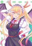  ;q bangs blonde_hair breasts dragon_girl dragon_tail dragon_wings frills gloves gradient_hair hand_on_hip highres horns kobayashi-san_chi_no_maidragon long_hair looking_at_viewer maid maid_headdress medium_breasts multicolored_hair necktie one_eye_closed solo tail tenzeru tongue tongue_out tooru_(maidragon) twintails v_over_eye very_long_hair white_gloves wings 
