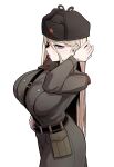  1girl belt belt_pouch black_belt blonde_hair blue_eyes blush breasts brown_jacket brown_pants buttons double-breasted fur_hat hammer_and_sickle hand_in_own_hair hand_on_own_hip hat highres jacket large_breasts long_hair long_sleeves military_uniform original pants pouch red_lips solo soviet sung08ko uniform ushanka white_background 