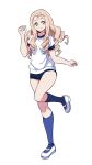  1girl blonde_hair blue_buruma blue_socks bright_pupils buruma closed_mouth commentary drill_hair full_body girls_und_panzer green_eyes gym_shirt gym_uniform highres kneehighs leg_up long_hair looking_at_viewer marie_(girls_und_panzer) ponzu_rui shirt shoes short_sleeves simple_background smile socks solo standing standing_on_one_leg t-shirt uwabaki white_background white_footwear white_pupils white_shirt 